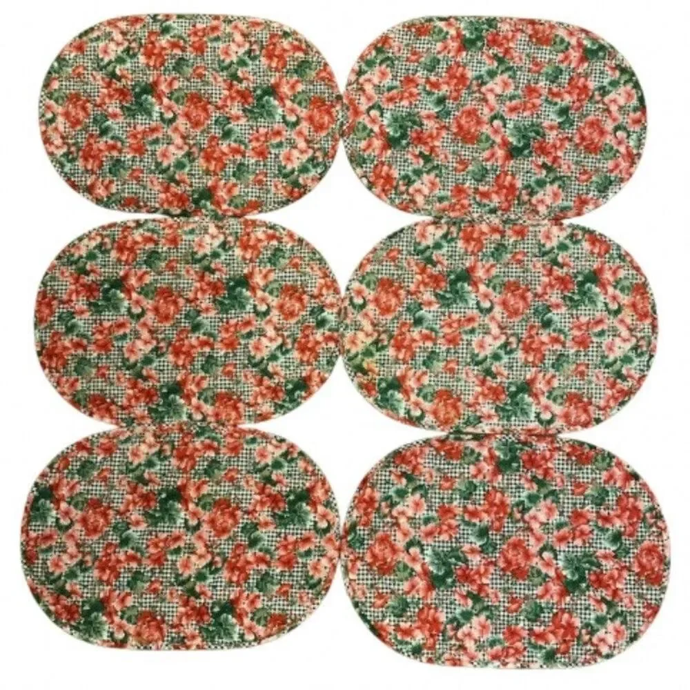 Set of 6 Vintage Floral Quilted Placemats Gingham Check Hibiscus Red Pink Oval